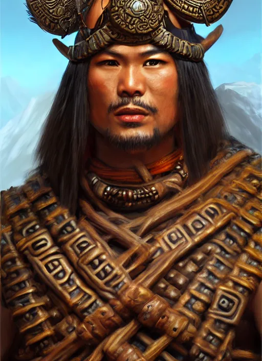 Image similar to tai warlord, portrait, historical, ethnic group, traditional costume, leather armor, fantasy, intricate, with dong son bronze artifacts, beads cross onbare chest, elegant, loin cloth, highly detailed, oill painting, artstation, concept art, matte, sharp focus, illustration, hearthstone, art by earl norem