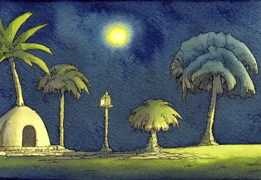 Image similar to a simple watercolor fantasy concept art of a dark grey boxy ufo next to a palm tree at night in machu pichu. by studio ghibli, rebecca guay, michael kaluta, charles vess