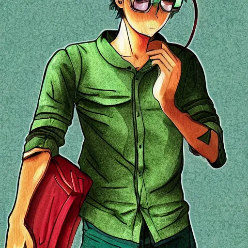 Prompt: A Green clothes guy Exploring the world with curiosity, Digital Art, Anime Style