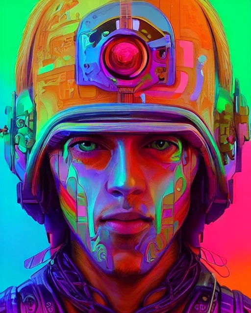 Image similar to colorful portrait of a male hippie with cybernetics, but set in the future 2 1 5 0 | highly detailed | very intricate | symmetrical | professional model | cinematic lighting | award - winning | painted by mandy jurgens | pan futurism, dystopian, bold psychedelic colors, cyberpunk, anime aesthestic | featured on artstation