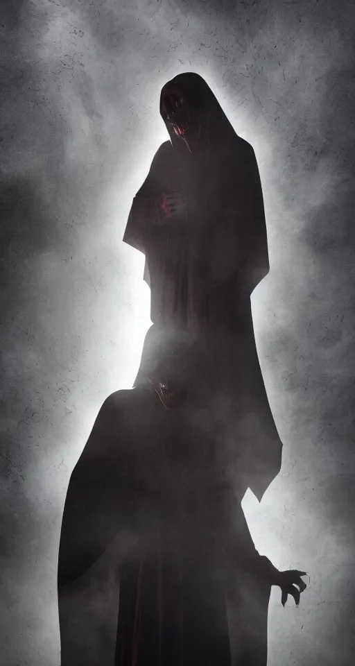 Prompt: a frightening creepy smooth detailed 8 k hi res 8 0 mm photo editorial magazine photo shoot of the ghost called shadow eater a demon vampire wearing heavy robes and showing his multiple layers of fangs god rays misty atmospheric dawn volumetric lighting cinema 4 d hassleblad octane render