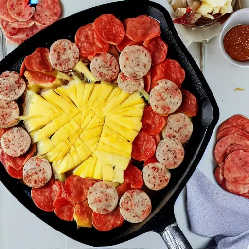 Prompt: a giant slice of pineapple on a pan, covered in pizza toppings, pepperoni, sausages and cheese