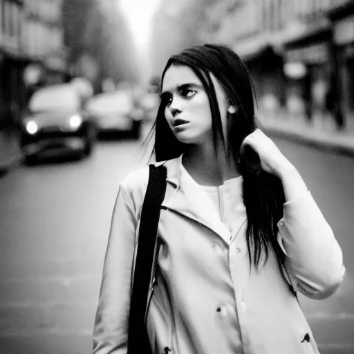 Prompt: black and white fashion photograph, highly detailed portrait of a depressed girl as a drug dealer on a busy Paris street, detailed face looking into camera, eye contact, natural light, rain, mist, lomo, fashion photography, film grain, soft vignette, sigma 85mm f/1.4 1/10 sec shutter, Daren Aronofsky film still promotional image, IMAX 70mm footage