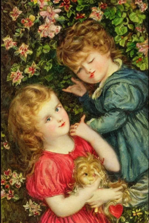 Prompt: beautiful digital oil vintage greeting card of a Valentine boy and girl by Arthur Hughes