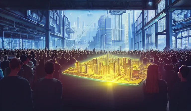 Prompt: crowd of people in simple warehouse, looking at hologram of futuristic city on a table, cinematic concept art, godrays, golden hour, natural sunlight, 4 k, clear details, tabletop model buildings, center model buildings, hologram center, crane shot, crane shot, crane shot