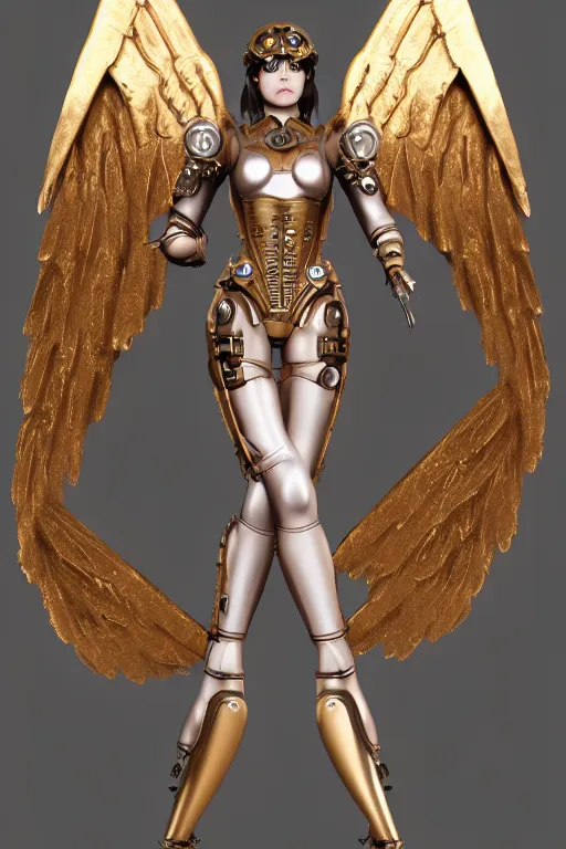 Prompt: Steampunk Angel, mechanical wings, gear halo, empty eyes, metallic bronze skin, golden tech robes, female looking, steampunk fantasy, extremely detailed, trending on artstation