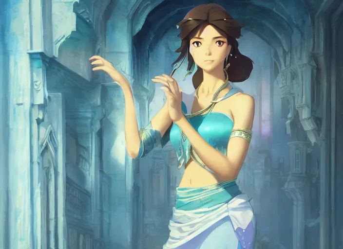 Image similar to full body portrait character concept art, oil painting anime key visual of princess jasmine, studio lighting delicate features finely detailed perfect face directed gaze, at an ancient city, gapmoe yandere grimdark, trending on pixiv fanbox, painted by greg rutkowski makoto shinkai takashi takeuchi studio ghibli