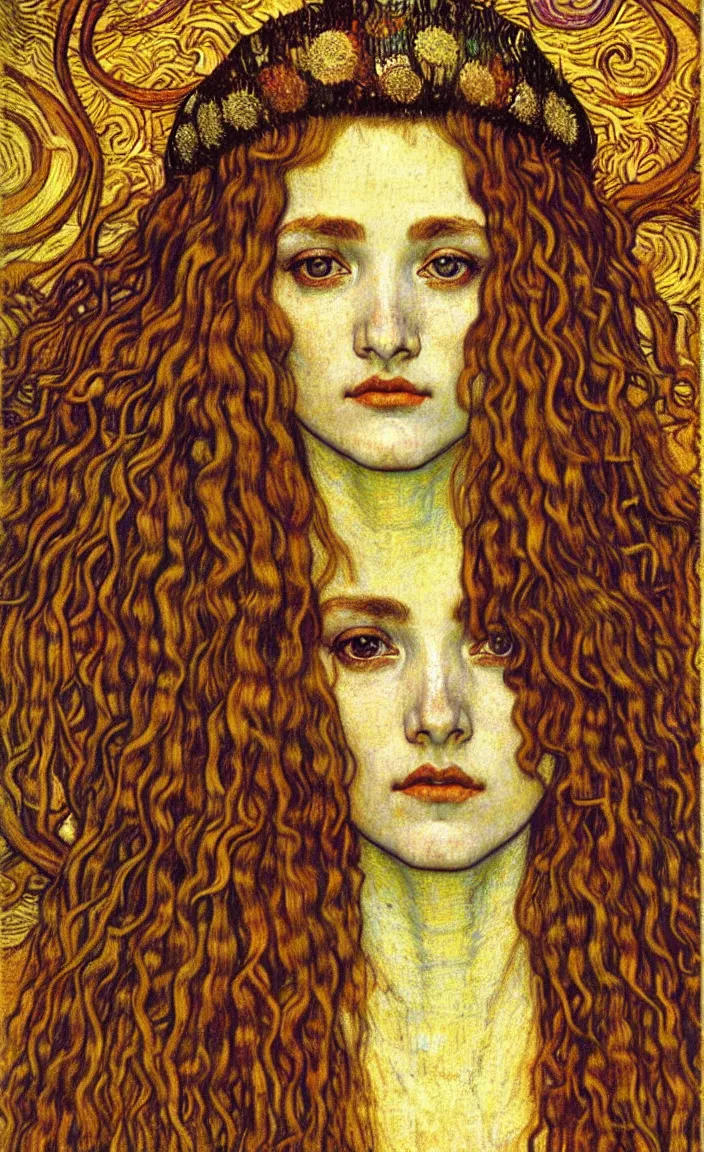 Image similar to detailed realistic beautiful young medieval queen face portrait by jean delville, gustav klimt and vincent van gogh, art nouveau, symbolist, visionary, gothic, pre - raphaelite, muted earthy colors, desaturated