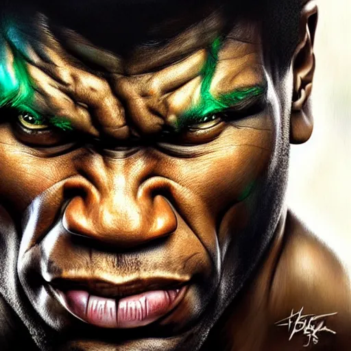 Prompt: 5 0 cent as the hulk, digital painting, extremely detailed, 4 k, intricate, brush strokes, mark arian, artgerm, bastien lecouffe - deharme