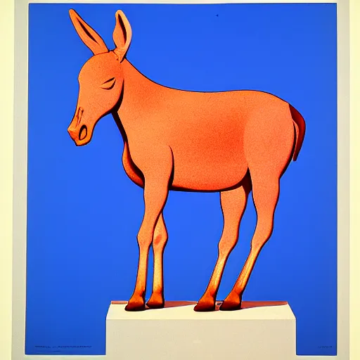 Image similar to lithograph side view of standing donkey against white background, duotone, cycladic sculptural style, full body, flat colors, iconic, simplified, ultramarine blue and red iron oxide