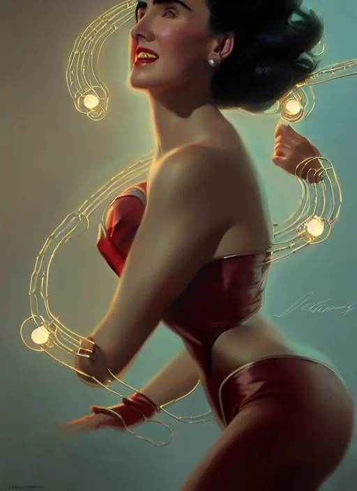 Image similar to portrait of 1 9 5 0 s darna, jennifer connelly, intricate, elegant, glowing lights, highly detailed, digital painting, artstation, glamor pose, concept art, smooth, sharp focus, illustration, art by wlop, mars ravelo and greg rutkowski