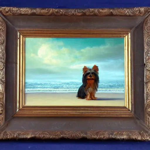 Prompt: ultra realistic portrait painting of a yorkshire terrier on the beach, art by michael sowa, 4 k, ultra realistic, highly detailed, epic lighting