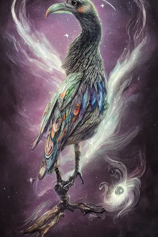 Image similar to a wlop 3 d render of very very very very highly detailed beautiful mystic portrait of a phantom undead raven bird with whirling galaxy around, tattoos by anton pieck, intricate, extremely detailed, digital painting, artstation, concept art, smooth, sharp focus, illustration, intimidating lighting, incredible art,