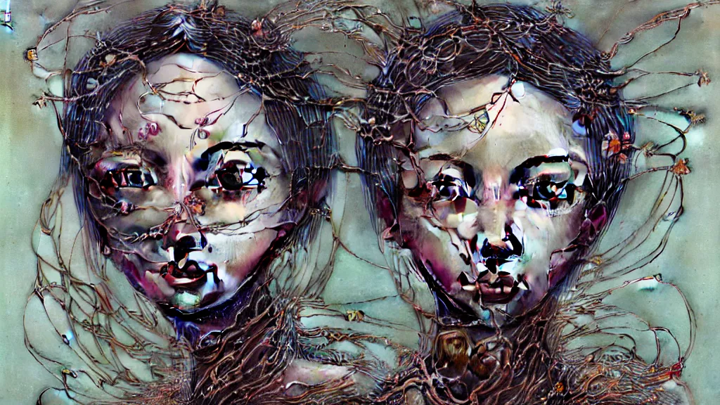 Image similar to prompt: Fragile looking vessel portrait face drawn by Katsuhiro Otomo, beautiful girl in lake with shining face octane 3d render super detailed, nymph in the water performing alchemy, small flowers and cables and wire around and on the side with artifacts and ancient book, intricate oil painting, high detail, Neo-expressionism, gnarly details