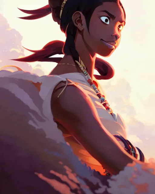 Image similar to azctec warrior, ( coco jones ), detailed perfect face, exquisite details, fire magic, mid view, design on a white background, by studio muti, greg rutkowski makoto shinkai takashi takeuchi studio ghibli