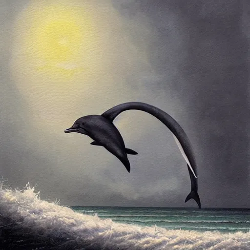 Image similar to a hyper realistic painting of the grim reaper sitting on of a dolphin jumping over a rainbow, by greg rutkowski and santiago caruso,