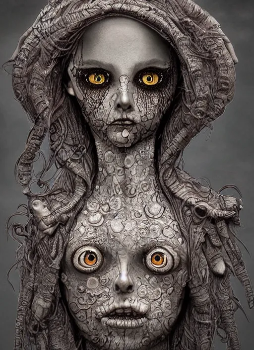 Image similar to portrait of a creepy sculpture, doll eyes, intricate, highly detailed, smooth, digital illustration, the dark and quirky art of scott radke