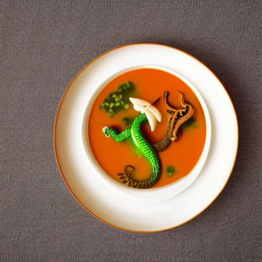 Prompt: dragon swimming on a plate of soup