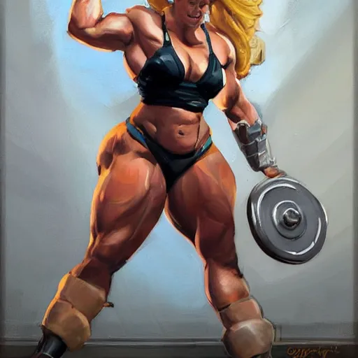 Prompt: greg manchess portrait of margot robbie as very happy thick female bodybuilder zarya from overwatch in disco elysium, epic grimdark, fantasy, medium shot, asymmetrical, profile picture, organic painting, sunny day, matte painting, bold shapes, hard edges, street art, trending on artstation, by huang guangjian and gil elvgren and sachin teng