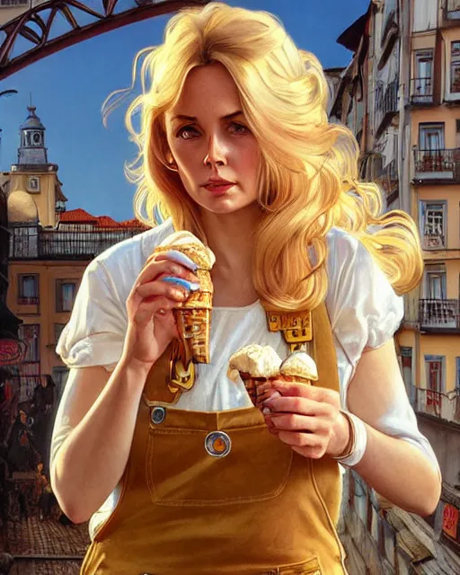 Image similar to portrait of a blonde fuller figured barbara bach from the bond film wearing dungarees and eating ice creams in porto, real life skin, intricate, elegant, highly detailed, artstation, concept art, smooth, sharp focus, art by artgerm and greg rutkowski and alphonse mucha