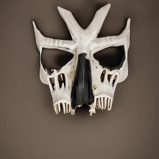 Image similar to symmetrical product photograph of a highly detailed ominous mask made from fragmented bone and obsidian, angry