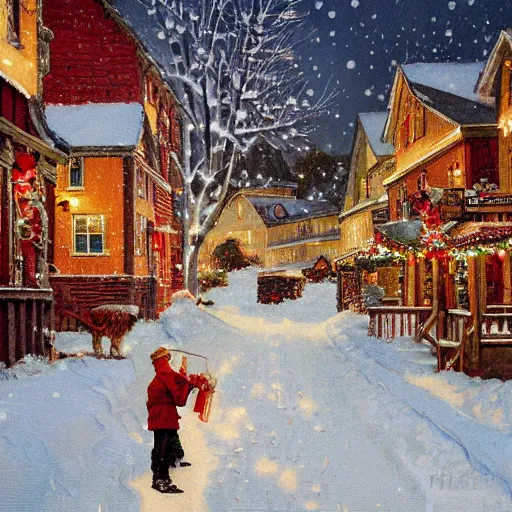 Prompt: painting of Snowy small town during Christmastime, quaint, twinkle lights, Norman Rockwell style, Greg Rutoski, oil on canvas, highly detailed