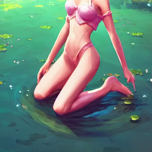 Image similar to fantasy woman girl kneeling in a pond miss attractive eye catching official fanart behance hd artstation by Rossdraws and Jesper Ejsing, by Makoto Shinkai and Lois van baarle, ilya kuvshinov, portrait soft pink theme