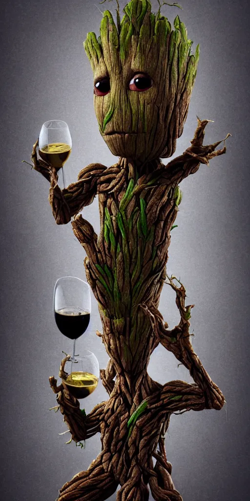 Image similar to realistic groot as a gentleman wearing tuxedo drinking wine, digital art, trending on artstation, behance, octane, intricate, ornate, photorealistic, hyper realism, high detail, movie shot, studio lighting, 8 k, vivid colors, smooth gradients, cinematic