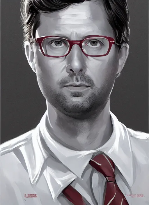 Prompt: portrait Adam Scott in Severance (2022), highly detailed, centered, solid color background, digital painting, artstation, concept art, smooth, sharp focus, illustration, Basil Gogos, Joseph Christian Leyendecker, Les Edwards, Ed Repka, WLOP, Artgerm