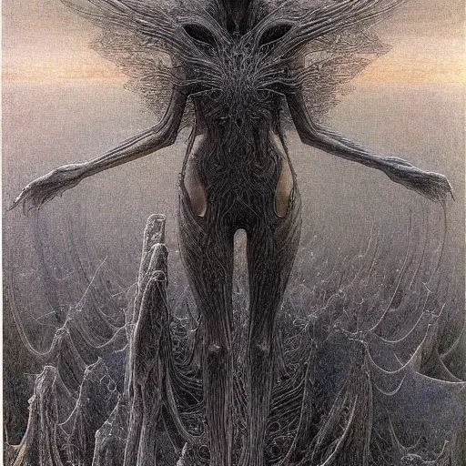 Prompt: lost on a gigeresque planet by jean delville by luis royo and wayne barlowe, beksinski