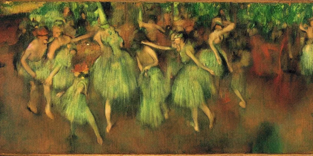 Prompt: tall terrifying green aliens sitting in a circle. in the victorian era. in the style of an impressionist painting. edgar degas