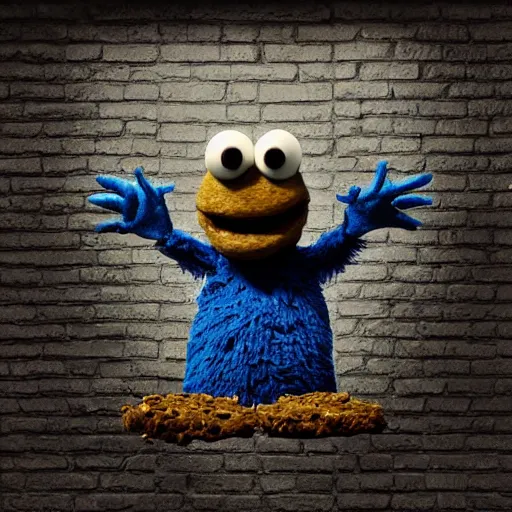 Prompt: scary cookie monster, sesame street, dark brick background, chiaroscuro, surreal headshot, digital illustration, matte painting, hyperrealistic, photoreal, symmetry, 4 k, highly detailed, sharp focus, 8 k, hd, intricate, by stalenhag, simonetti and rembrandt