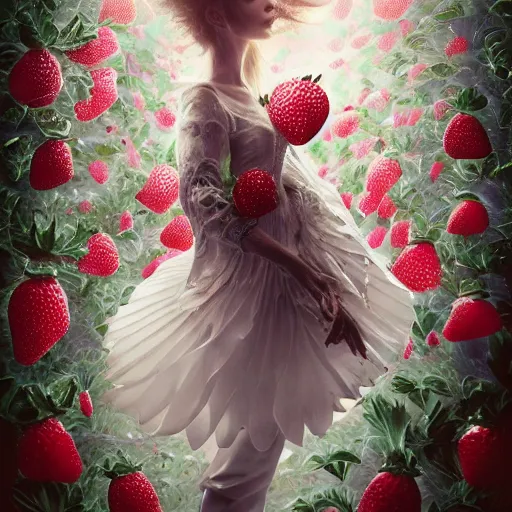 Prompt: the professional photoshoot of an absurdly beautiful, graceful, elegant, sophisticated, fashionable young woman made of strawberries and white petals, an ultrafine hyperdetailed illustration by kim jung gi, irakli nadar, intricate linework, bright colors, octopath traveler, final fantasy, unreal engine 5 highly rendered, global illumination, radiant light, detailed and intricate environment