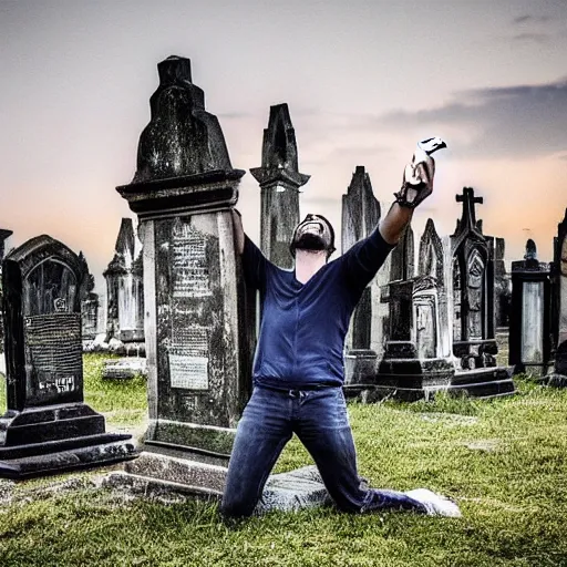 Image similar to A man takes a selfie in a dark and spooky graveyard, the only light coming from the full moon, as he smiles for the camera, in a Halloween style.