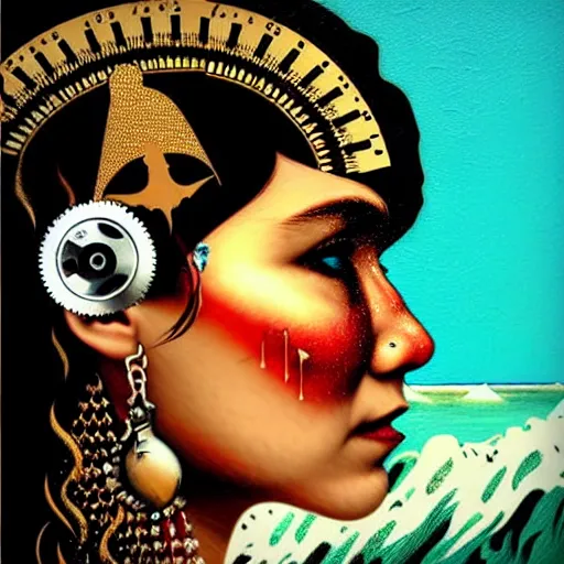 Image similar to portrait of chitral woman :: side profile :: in ocean :: clockwork details :: gold :: blood and horror :: by vikings and Sandra Chevrier