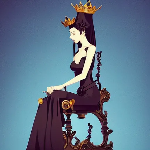 Image similar to stylized minimalist a beautiful black haired woman with pale skin and a crown on her head sitted on an intricate metal throne, loftis, cory behance hd by jesper ejsing, by rhads, makoto shinkai and lois van baarle, ilya kuvshinov, rossdraws global illumination,