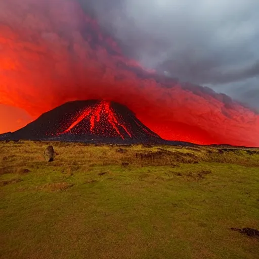 Prompt: a red sky and molten ground landscape, easter island heads are sinking in to the ground crumbling and seems to be fighting a storm or volcano