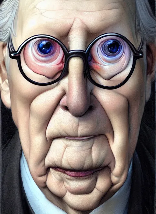 Prompt: concept art by artgerm, amazingly beautiful portrait of a hyper realistic, frowning, sad mitch mcconnell as a turtle!!! caricature 3 d by greg rutkowski, artgerm, alphonse mucha,