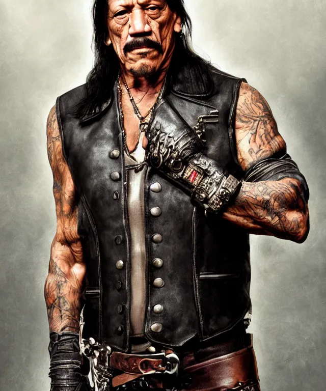 Prompt: danny trejo, cinematic, wearing a leather vest, holding a skull elegant, highly detailed, digital painting, artstation, smooth, hard focus, illustration, art by jessica rossier and and brian froud