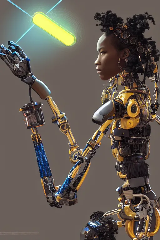 Image similar to a black girl fixing a robot, in the nature, mixing solarpunk, afropunk and cyberpunk technology and aesthetic ( ( ( ( volumetric light ) ) ) ), high angle, part by pearl fryar, part by prince damah, sunny day, trending on artstation, cinematic view, illustration, painting.