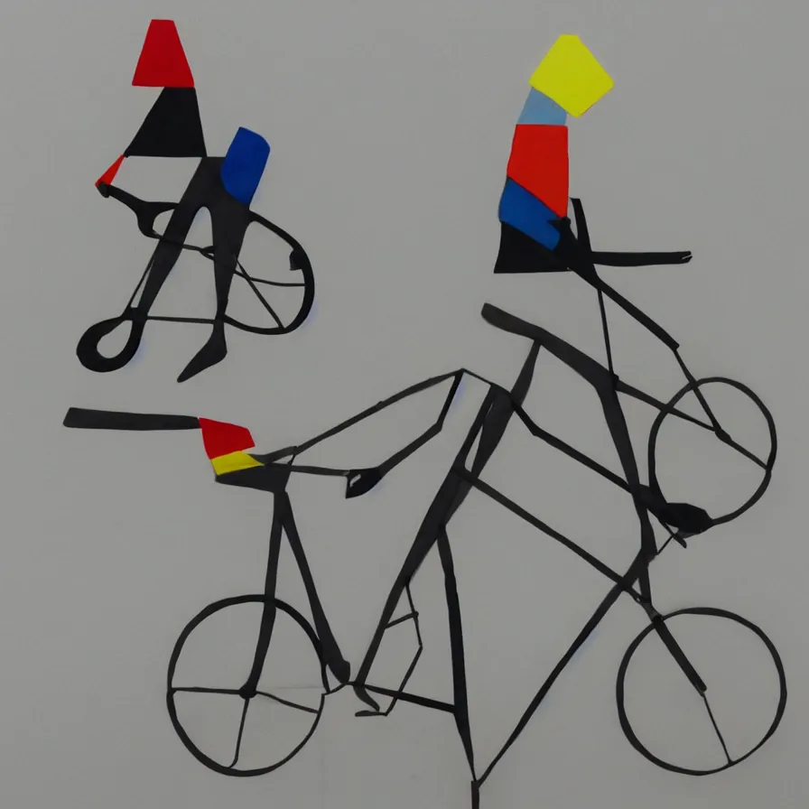 Prompt: clay sculpture of a silhouette of a fast cyclist in a minimalist collage of geometric shapes, tetrachromacy, primary colors, in the style of ikko tanaka, japanese graphic design, 1 9 9 0