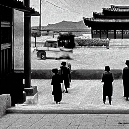 Prompt: 1950s Korean thriller film noir, a view of Shin Sang-ok in the middle of an empty scene, 35mm film, Cooke Varotal 20-100 T3.1