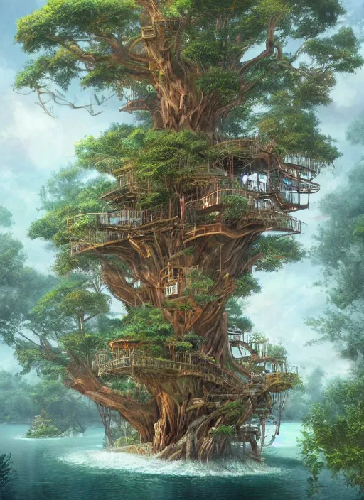 Image similar to A beautiful digital painting of an enormous treehouse, crystal lake by Stanley Artgerm Lau, Rossdraws, James Jean, gerald brom, Andrei Riabovitchev, Marc Simonetti, and Sakimichan, trending on artstation