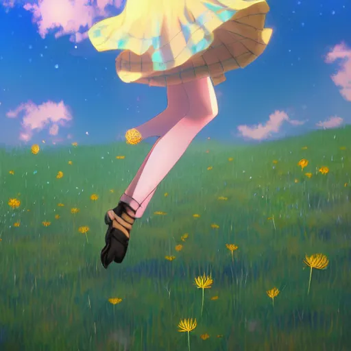 Image similar to Komeiji Koishi dancing in a field of dandelions, by Makoto Shinkai, anime, Touhou, digital art, soft lighting