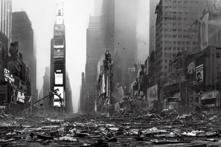 Image similar to dark photo of an destroyed times square after a nuclear attack, thunderstorm, gloomy, colorful, desolate