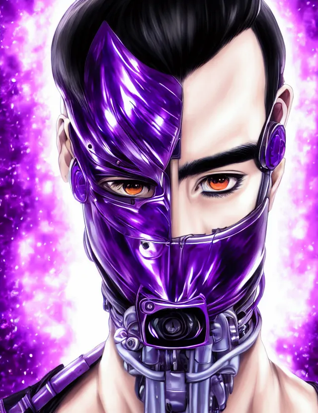 Image similar to a detailed manga portrait of a black haired man with a cybernetic body and face mask with purple fiery streaks, trending on artstation, digital art, 4 k resolution, detailed, high quality, sharp focus, hq artwork, coherent, insane detail, character portrait