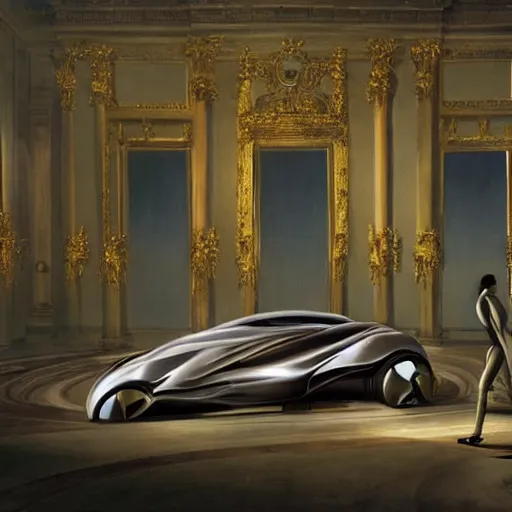 Prompt: sci-fi car zaha hadid forms car and wall structure in middle of the coronation of napoleon painting by Jacques-Louis David black ceramic material shiny gloss water reflections search pinterest keyshot product render 4k