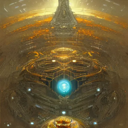 Image similar to hyper realistic golden quantum computer in the shape of a giant cube the size of a city in the middle of a Japanese city , art by artery and Greg Rutkowski and alphonse mucha, sci-fi, fantasy, intricate, ornate, very very intimidating , highly detailed, digital painting, artstation, concept art, smooth, sharp focus, illustration