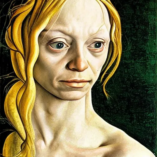 Image similar to brittney spears as gollum, elegant portrait by sandro botticelli, detailed, symmetrical, intricate