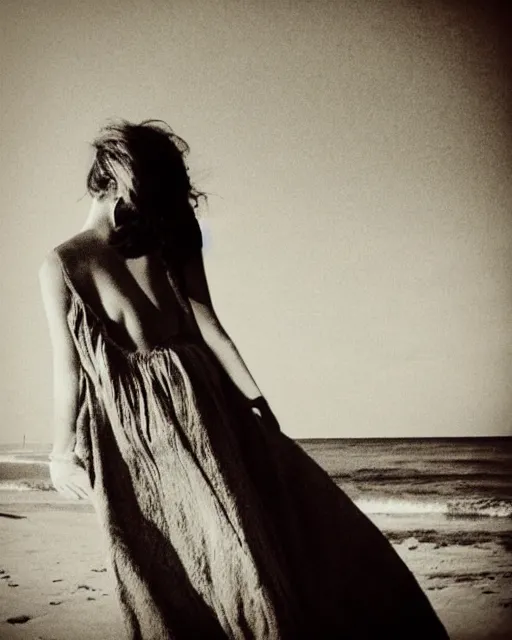 Image similar to “a black and white photograph of a woman on the beach, realistic, vintage, antiqued look, grainy film”